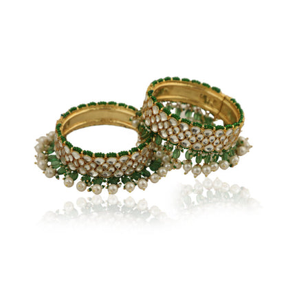 Sea Green Beads With White Pearl Jadtar Stone Bangles(Single Pc)