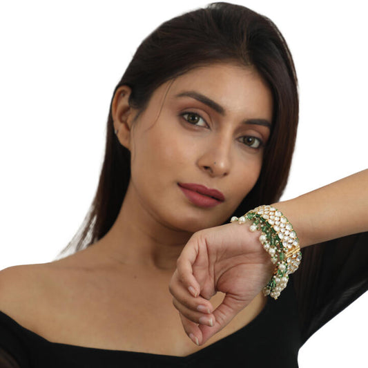 Sea Green Beads With White Pearl Jadtar Stone Bangles(Single Pc)