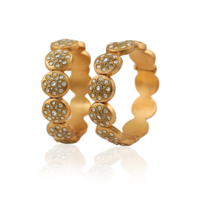 22Kt Gold Plated Bangle In Unque Design Studded With White Jadtar Stones(Single)