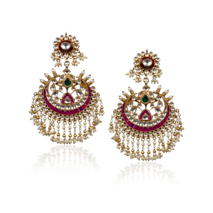 Brown And Red Big Earrings With Jadtar Stone