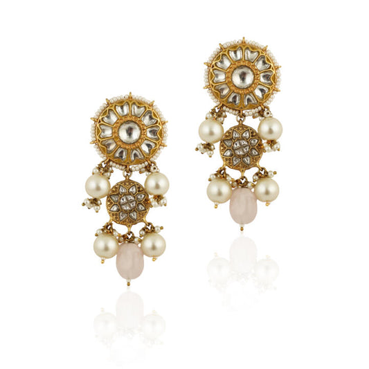 White Stone Earrings With Light Pink Beads And Pearl