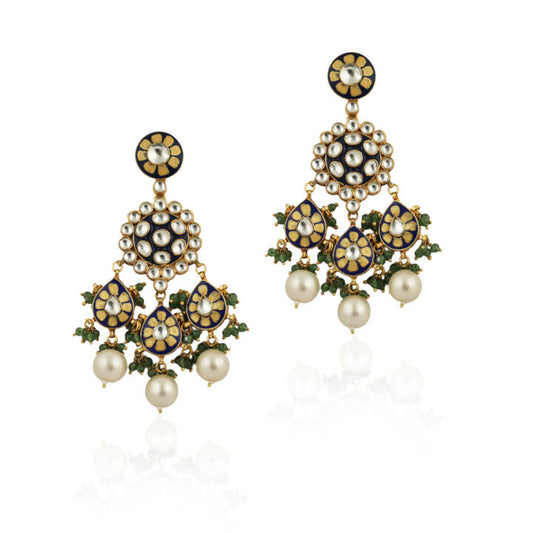 Blue Meenakari Earrings With White Pearl And Sea Green Hangings