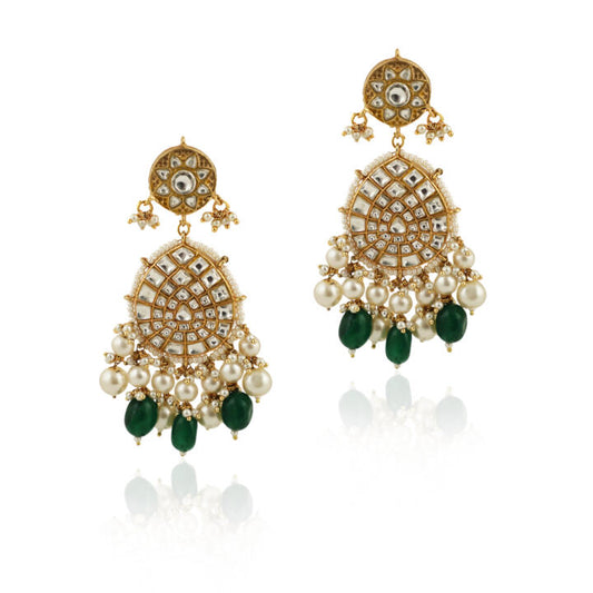 Oval Shape Jadtar Stone Earrings With Green Beads White Pearl