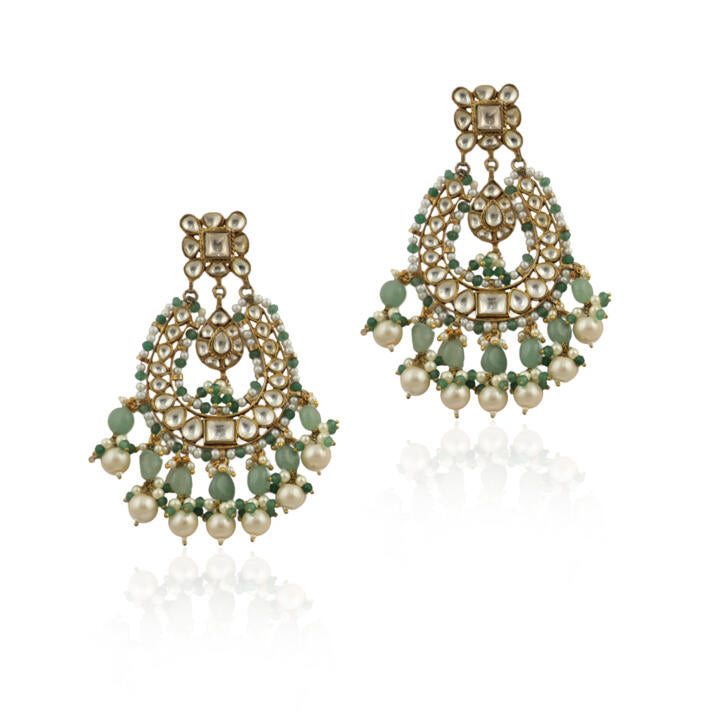 Sea Green  Beads And White Pearls Antique Polish Earrings