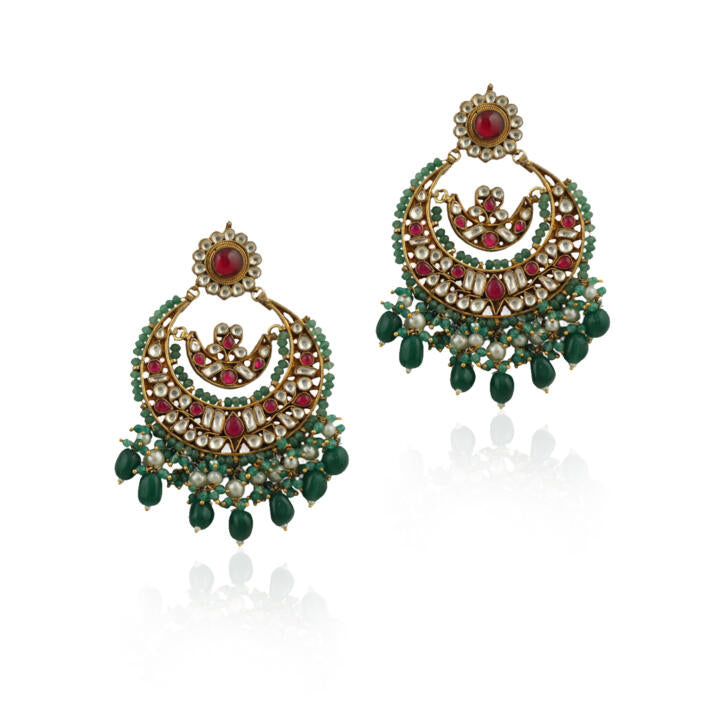 White And Red Stone With Green Beads Chand Baali Style Earrings