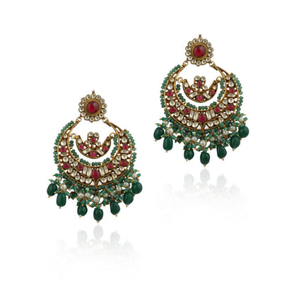 White And Red Stone With Green Beads Chand Baali Style Earrings