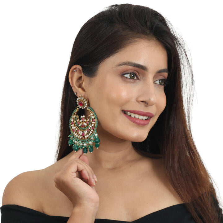 White And Red Stone With Green Beads Chand Baali Style Earrings
