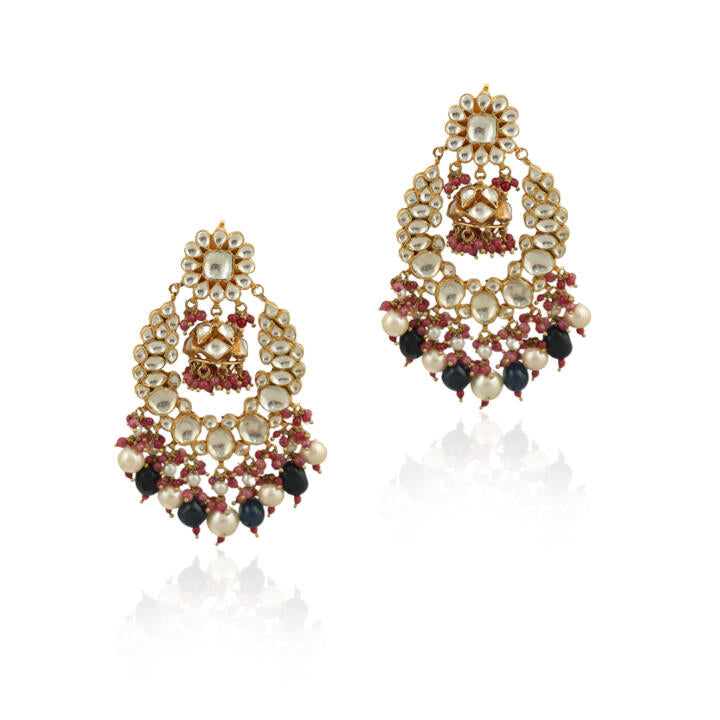 White Stone Earring Beadded Blue Beads And White Pearls  With Light Pink Hangings