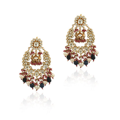 White Stone Earring Beadded Blue Beads And White Pearls  With Light Pink Hangings