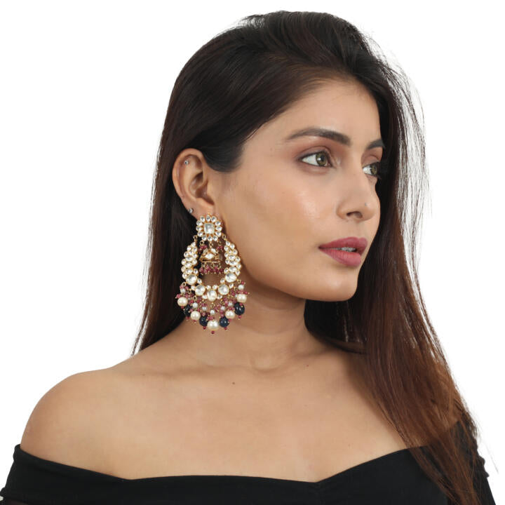 White Stone Earring Beadded Blue Beads And White Pearls  With Light Pink Hangings