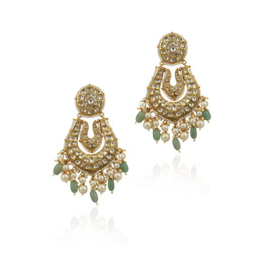 White Jadtar Stone Big Earrings Beadded White Pearls And Sea Green Beads