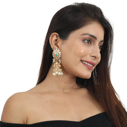 White And Firozi Stone Earrings With Pearls