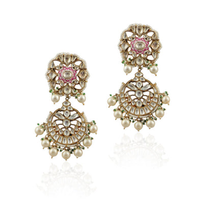 Pink And White Meena Work Earrings With Pearls
