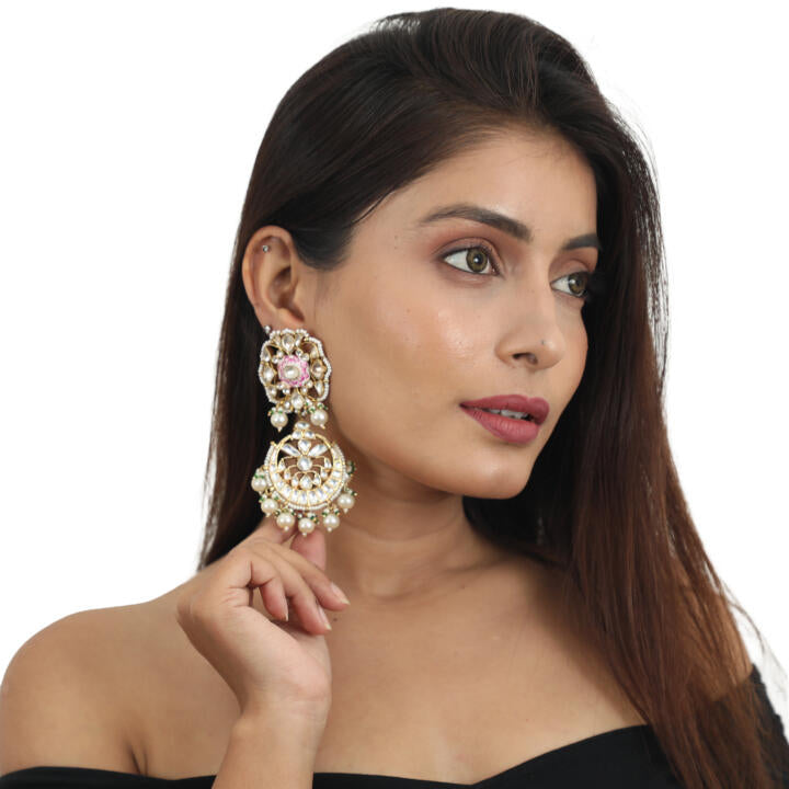 Pink And White Meena Work Earrings With Pearls