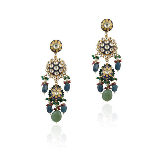 Blue Meena Work Earrings Bedded Blue And Sea Green Beads