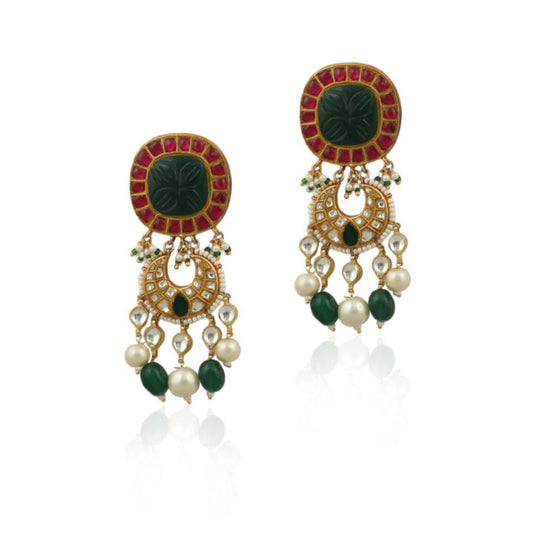 Red And Green Heavy Earrings With Pearl