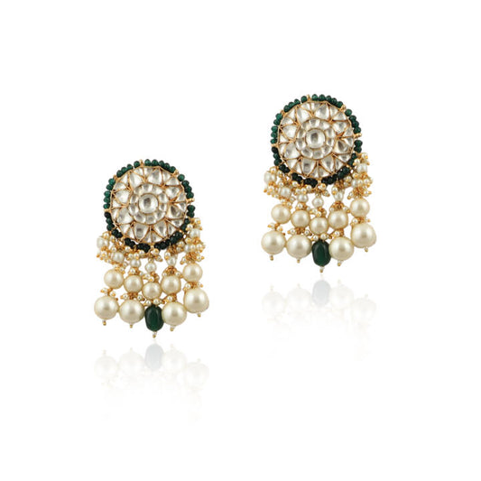 White Round Stude Green Moti Work With Green Beads And Pearls