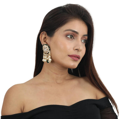 White Round Stude Green Moti Work With Green Beads And Pearls
