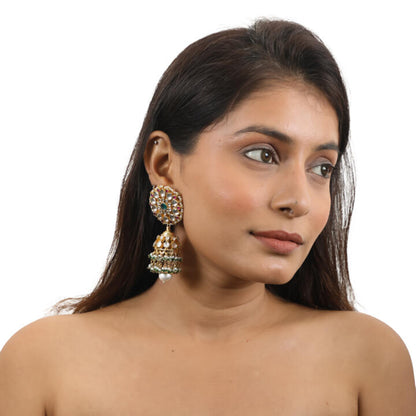 Pink And Green Floral Jadtar Stone Jhumki
