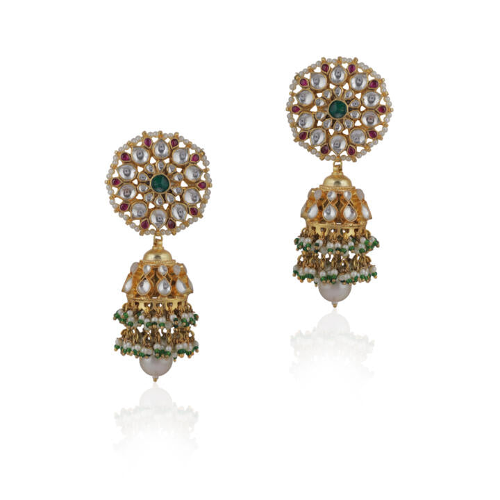 Pink And Green Floral Jadtar Stone Jhumki