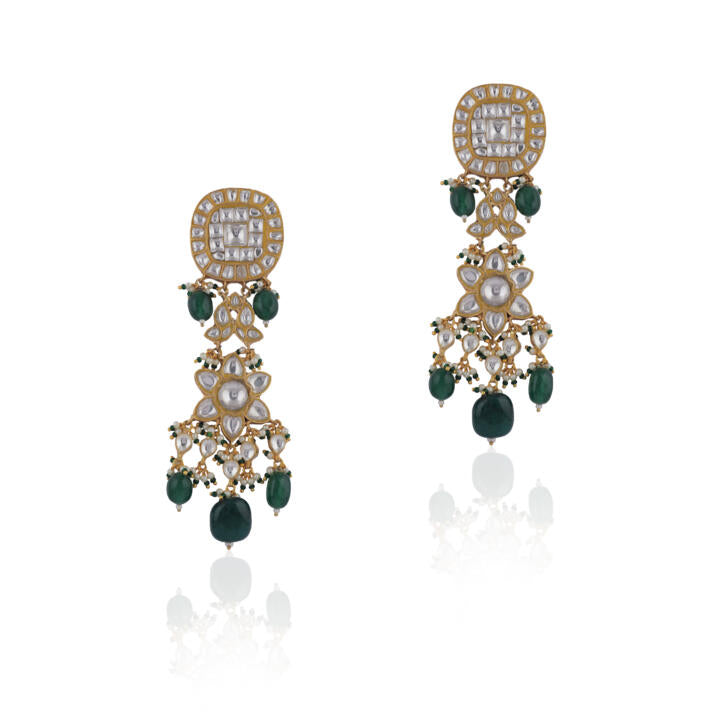Jhumki Earrings With Green And White Floral Design Studs And Pearls