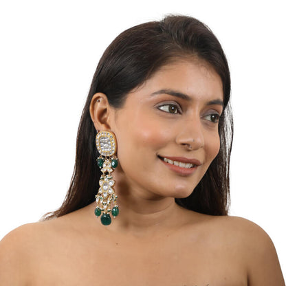 Jhumki Earrings With Green And White Floral Design Studs And Pearls