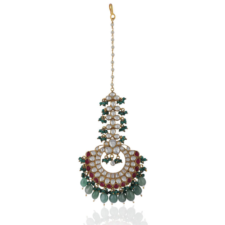 Pink Stone Sea Green Beads Flower Work White Jadtar Stone Tikka