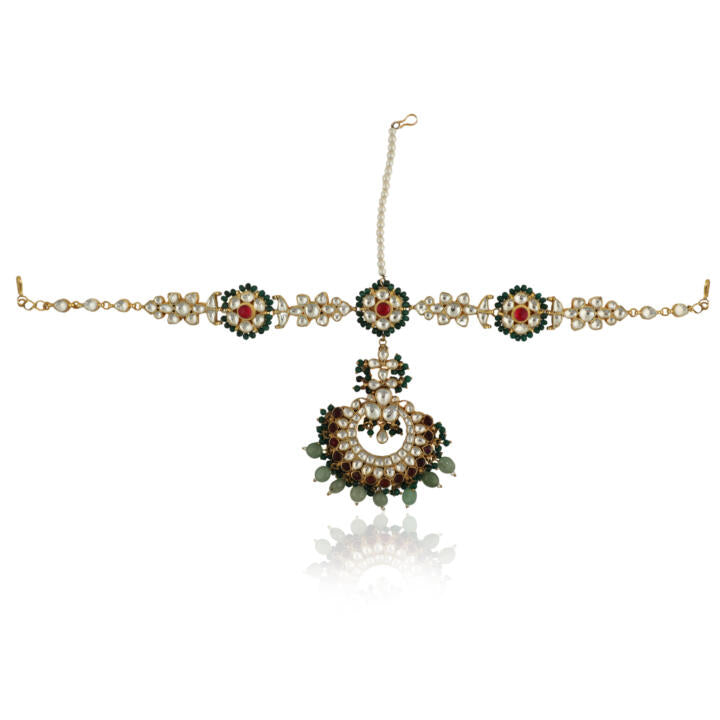 Floral Mathapatti With A Little Pink And Emerald Green Beads