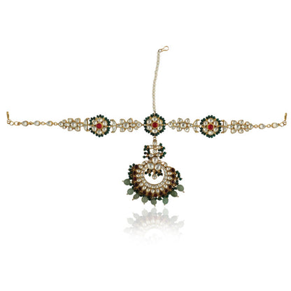 Floral Mathapatti With A Little Pink And Emerald Green Beads