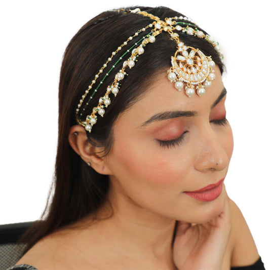 White Mathapatti With Pearl And Green Moti Line