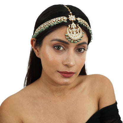 White Stone Heavy Mathapatti With Sea Green Hangings