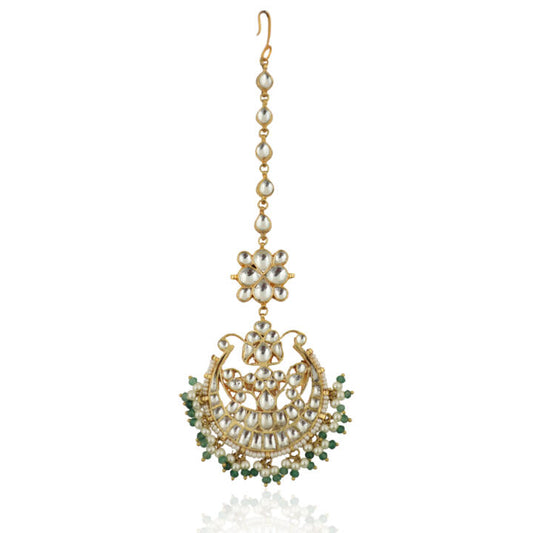 White Stone Tikaa With Sea Green Hangings