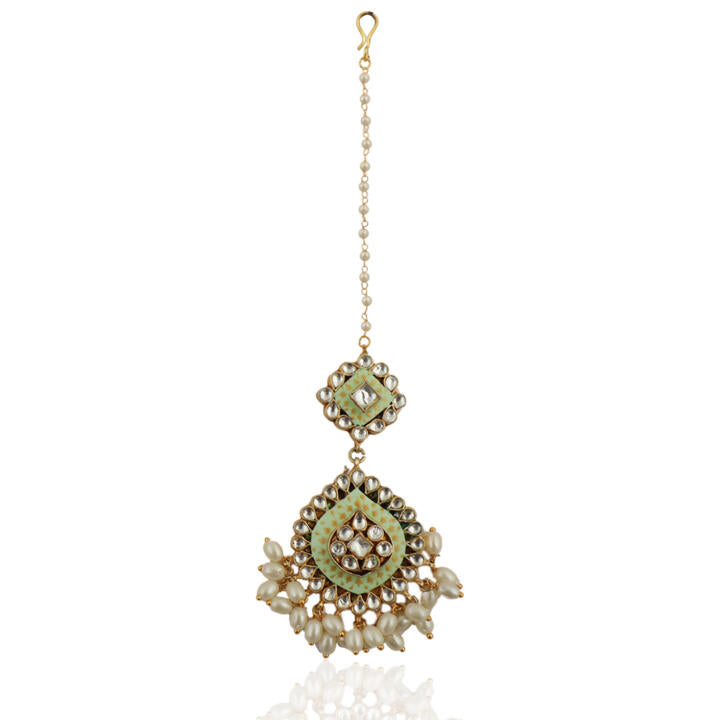 Pista Meena Work Tikka With Small White Pearls