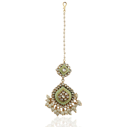 Pista Meena Work Tikka With Small White Pearls