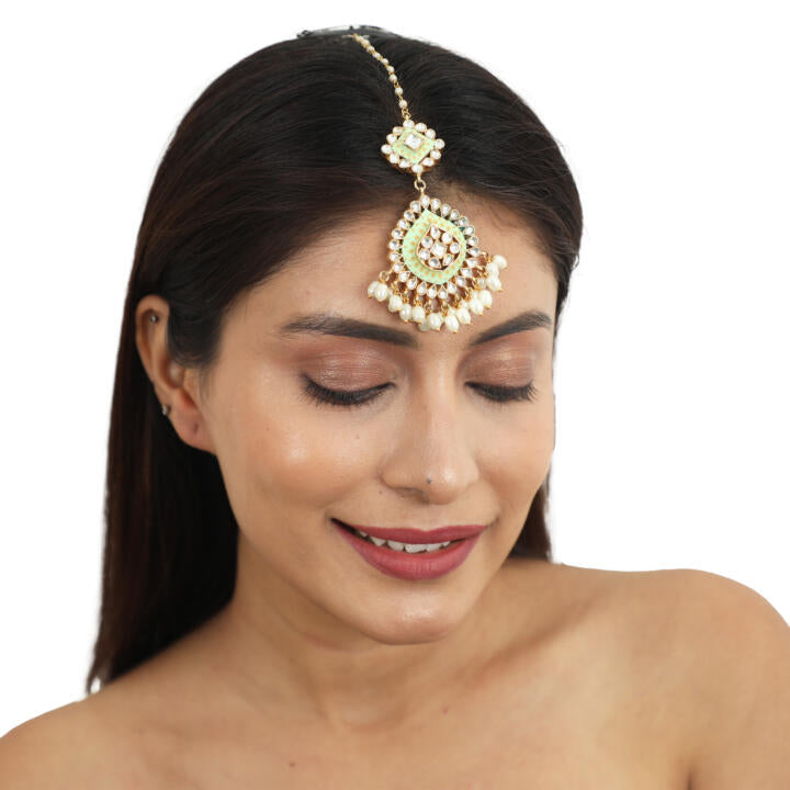 Pista Meena Work Tikka With Small White Pearls