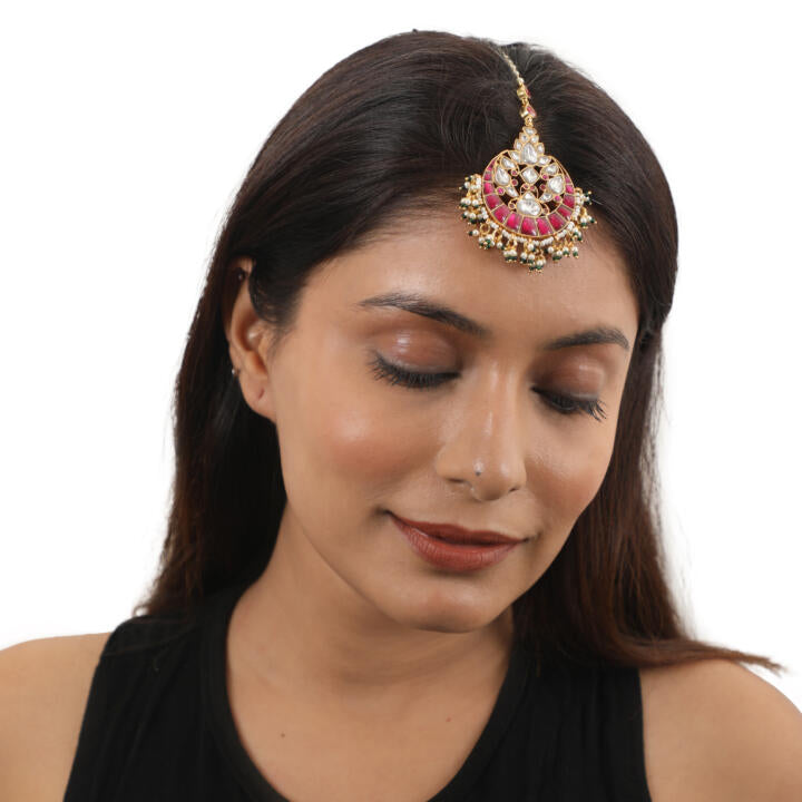 Pink And White Jadtar Maang Tikka