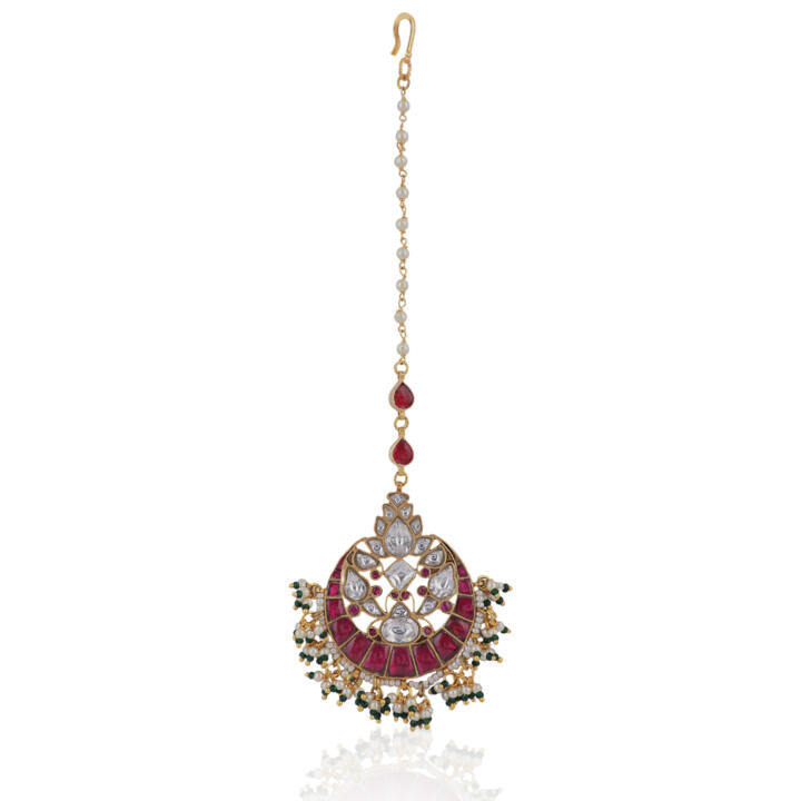 Pink And White Jadtar Maang Tikka