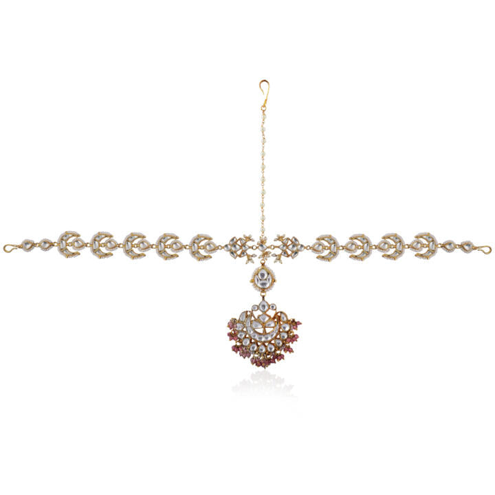 White Chand Mathapatti With Pastel Pink Small Hangings