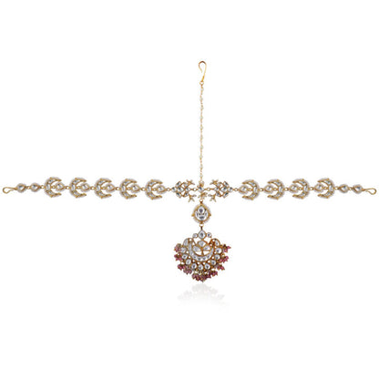 White Chand Mathapatti With Pastel Pink Small Hangings