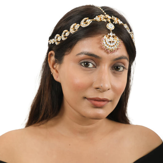 White Chand Mathapatti With Pastel Pink Small Hangings