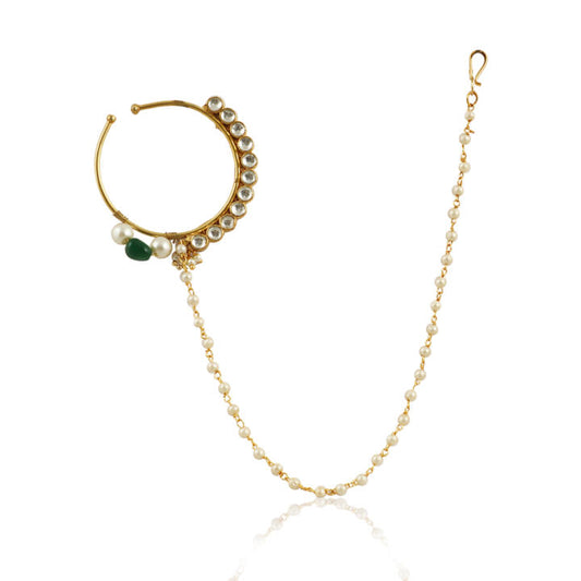 White Round Stone Nath With Green Beads