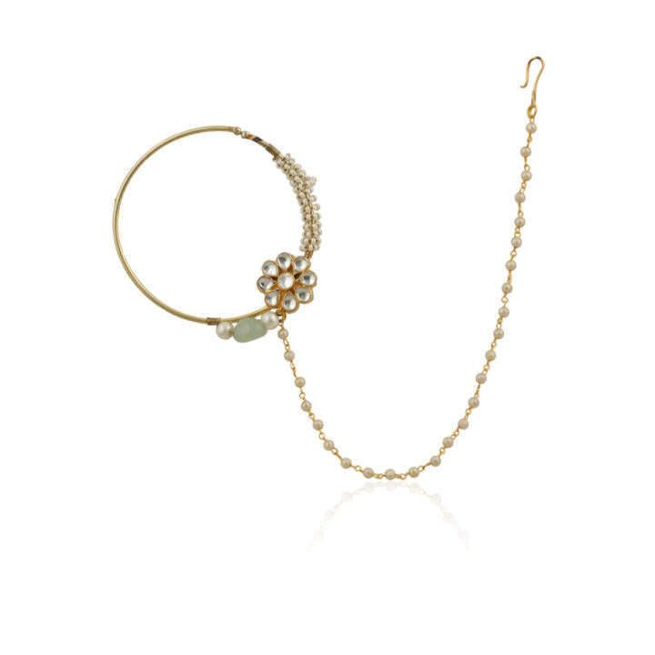 Rajasthani Traditional Nosering In 22Kt Gold Plating With Pearls And Sea Green Hanging