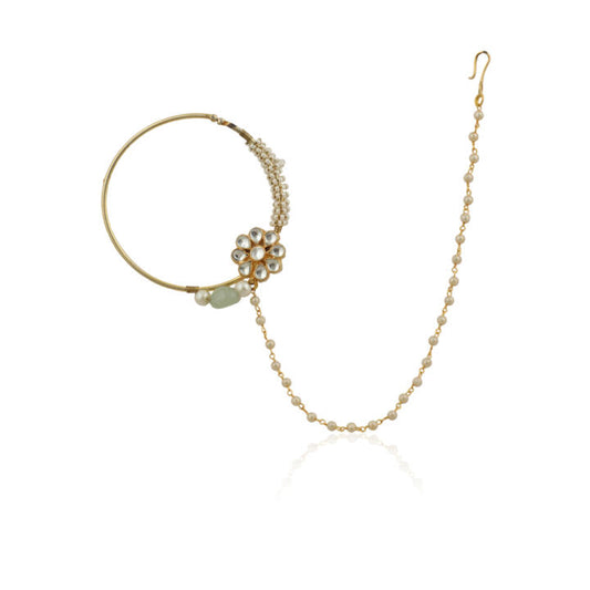 Rajasthani Traditional Nosering In 22Kt Gold Plating With Pearls And Sea Green Hanging