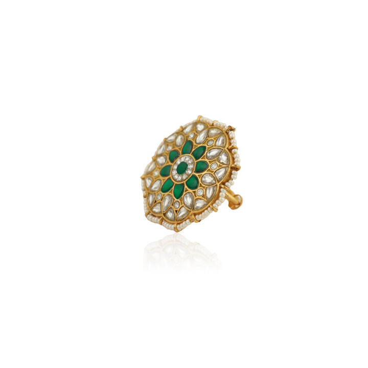 Floral Traditional Ring Studded With Green And White Stones