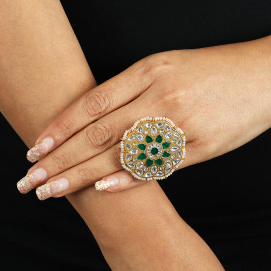 Floral Traditional Ring Studded With Green And White Stones