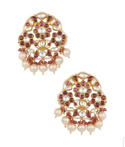 Pink And White Jadtar Studded Earrings
