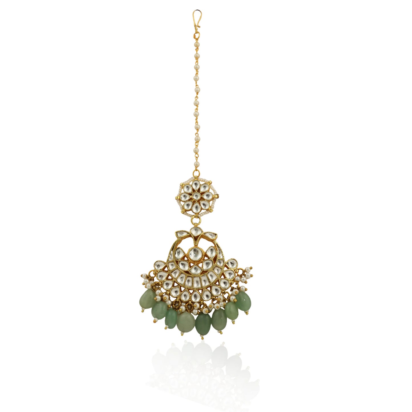 Jadtar Stone  Maangtikka With Sea Green  Beads
