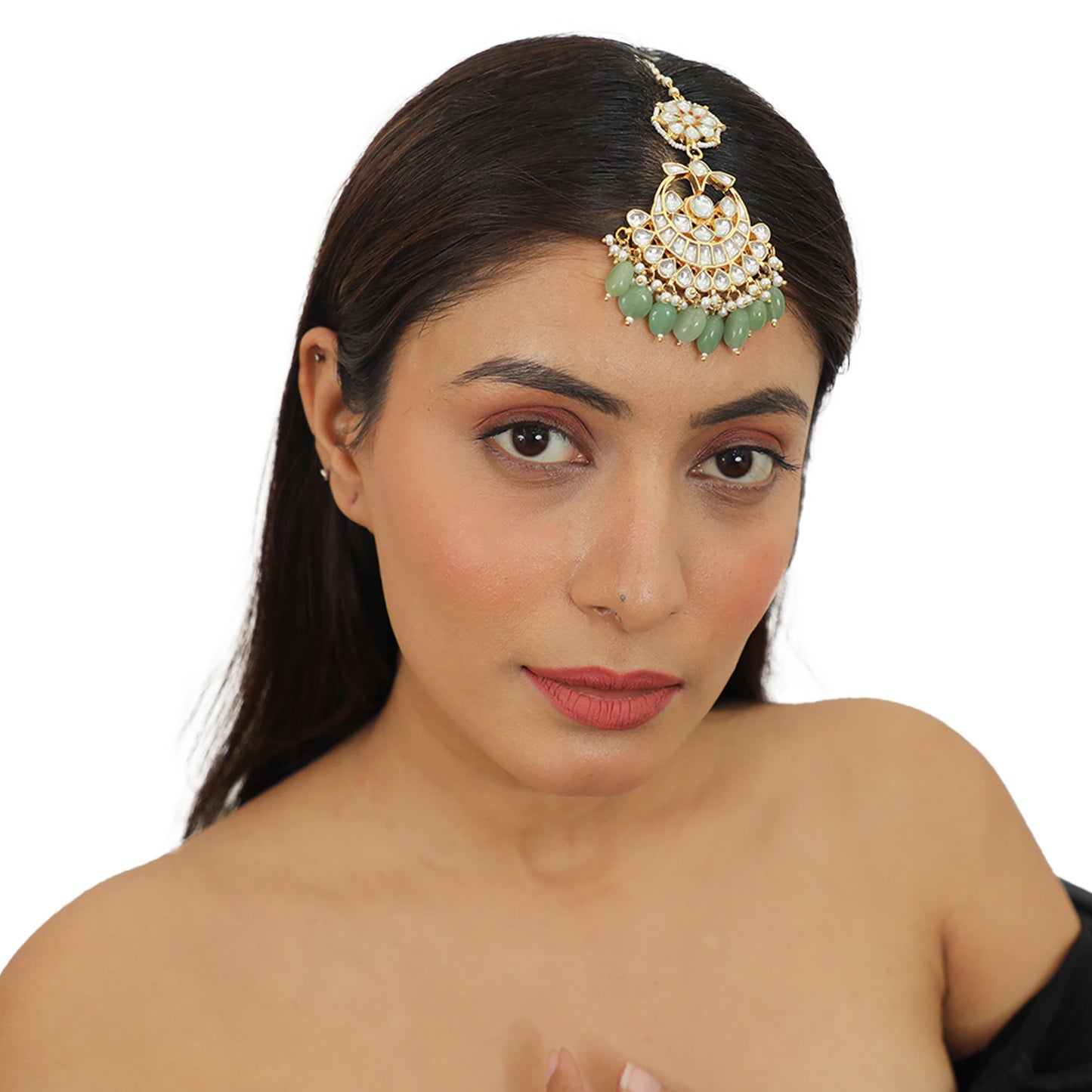 Jadtar Stone  Maangtikka With Sea Green  Beads