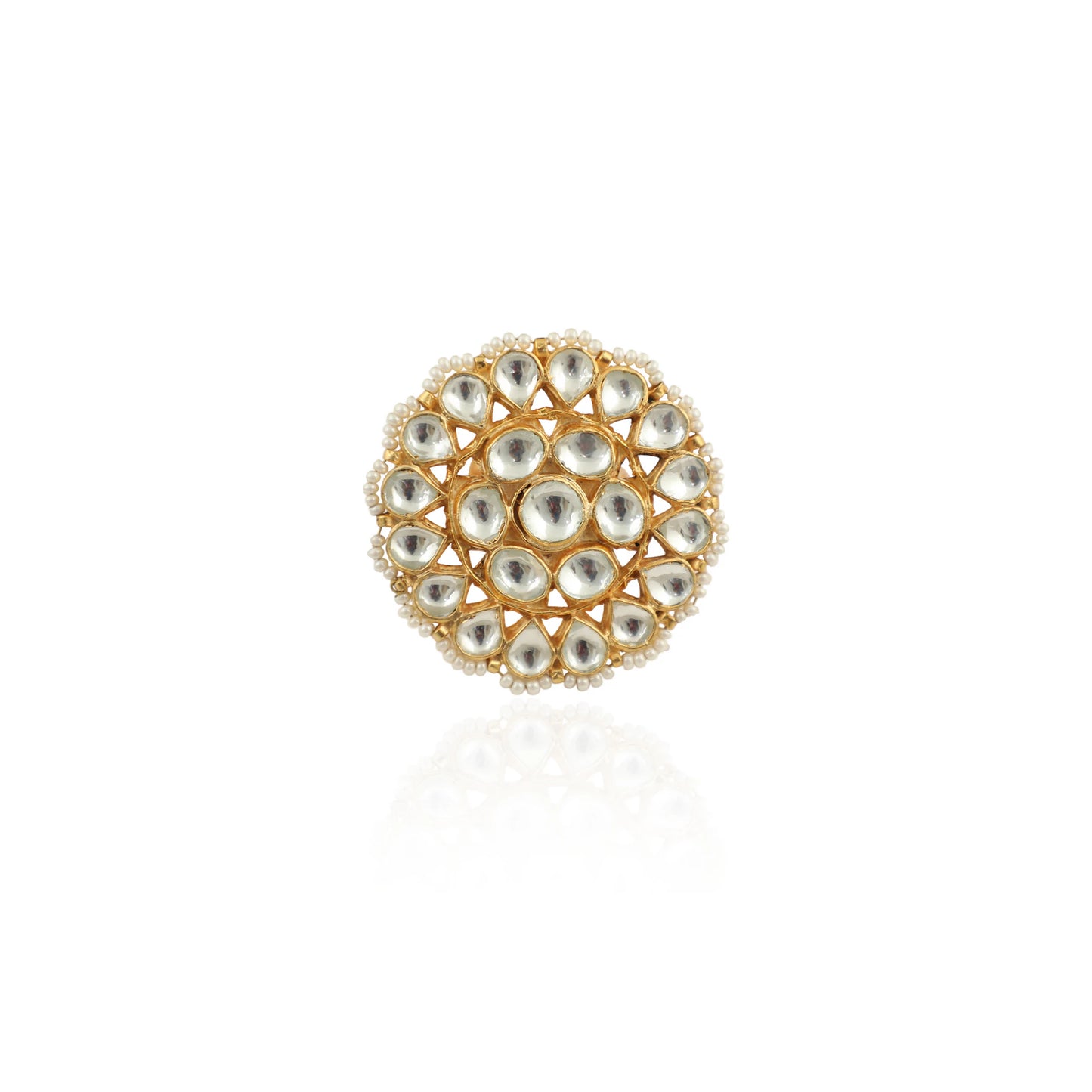 Traditional Ring In Floral Design With White Studded Jadtar Stones