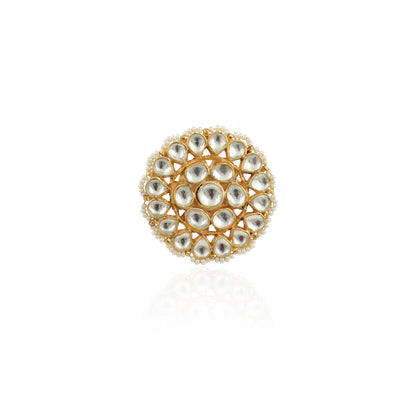 Traditional Ring In Floral Design With White Studded Jadtar Stones
